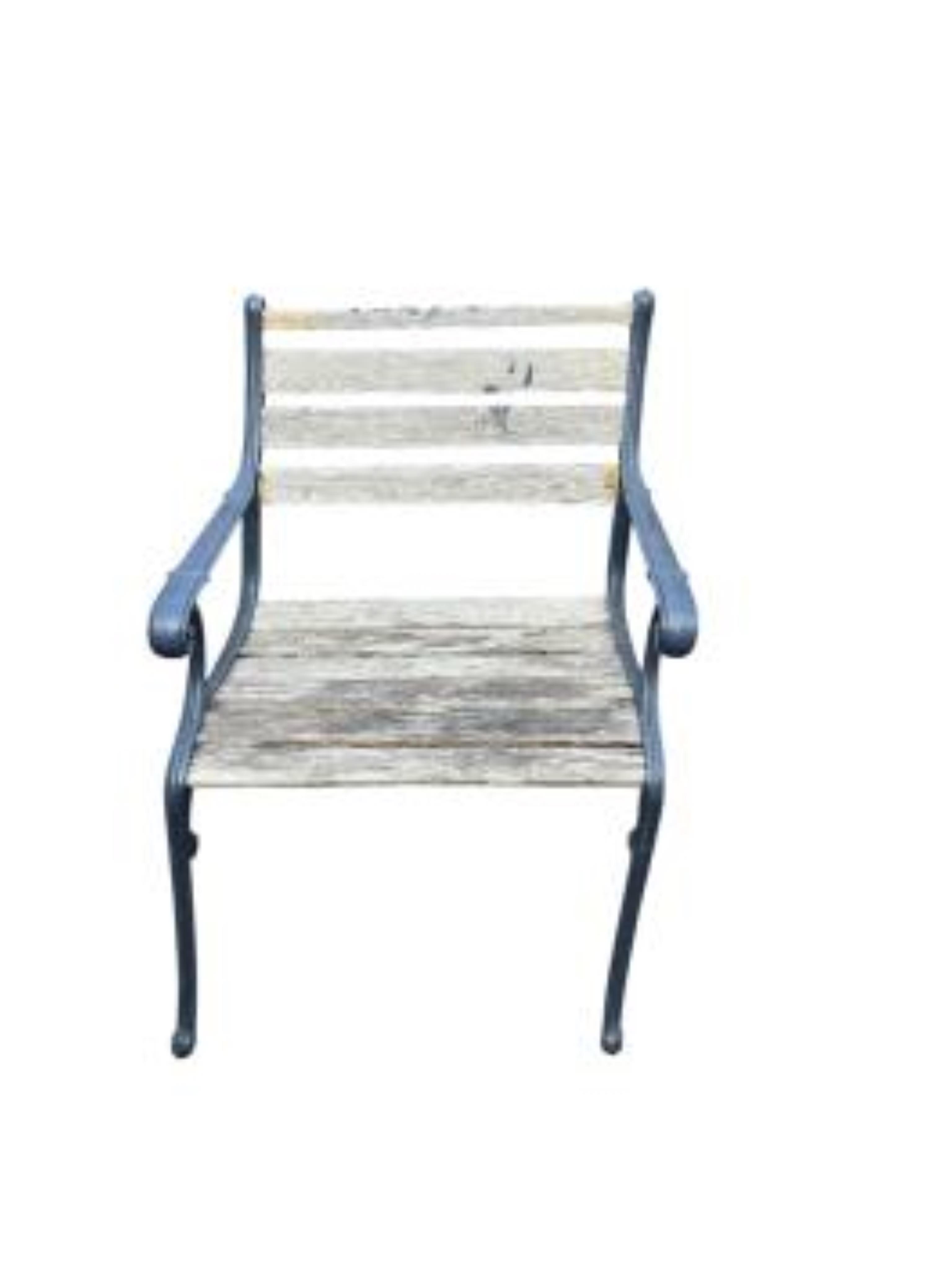 A cast metal slatted garden bench and three matching garden armchairs and four bench ends